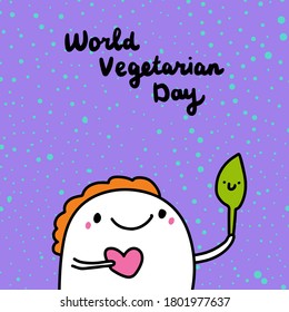 World vegetarian day hand drawn vector illustration in cartoon comic style. man holding green leaf textured background