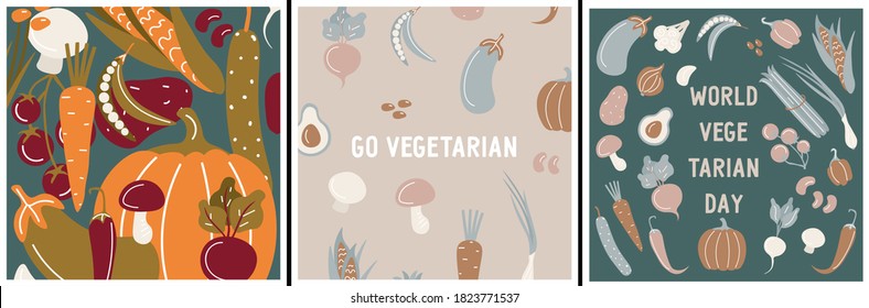 World Vegetarian Day. Hello, autumn. Set of vector greeting cards with vegetables, herbs and mushrooms. Autumn harvest and vegetable garden. Avocado, pumpkin, asparagus, radish, beetroot. Go vegan.