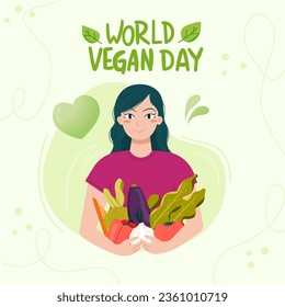 World Vegetarian Day Illustration Banner. World vegan day vector illustration for web, banners, backgrounds, wallpapers, posters, flyers, presentations. Girl in hand: carrot, pepper, onion, arugula