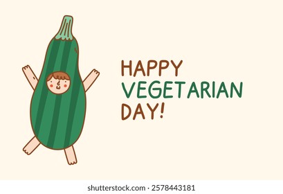 World Vegetarian Day. Illustration of a man in a zucchini costume. Cute courgette. Element for print, postcard and poster. Vector illustration