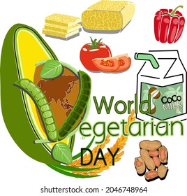 Ilustración del día vegetariano mundial con menú vectorial vegano dietético, como aguacate, tomates, leche de coco, guisantes, cacahuetes, tempe y pimientos, bueno para banner, póster, etc