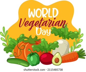 Logo del Día Mundial de la Vegetariana con ilustraciones de frutas y verduras
