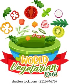 Logo del Día Mundial de la Vegetariana con ilustraciones de frutas y verduras