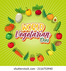 Logo des Welt-Vegetarier-Tages mit Gemüse- und Obstgrafik