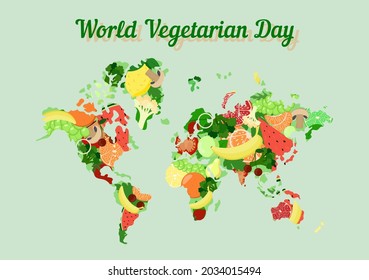 World Vegetarian Day. October 1. World map with fruits and vegetables. Vegetarian Day inscription. Vector poster illustration.