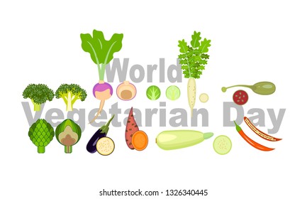 World vegetarian day on white background. Isolated illustration. Vector natural illustration. Organic healthy vegetable. Clean food concept. Diet nutrition concept.