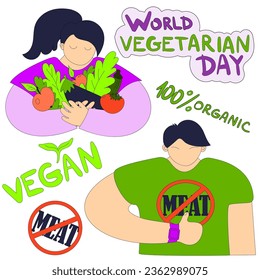 World vegetarian day. People with vegetarian food. Vector. Stickers. Boy no meat sign. Organic food.