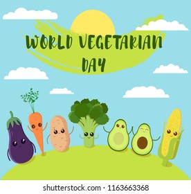 World Vegetarian Day. Poster with cute vegetables. Vector illustration