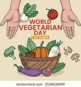 World Vegetarian Day poster design, vegetarian day vector illustration, different vegetables vector, 1st October