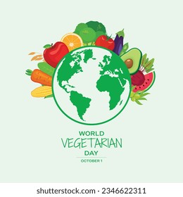 Afiche del Día Mundial de la Vegetariana con ilustraciones vectoriales del planeta verde. Alimentos saludables, frutas, verduras vectores de iconos. Mundo globo con elementos de diseño de frutas y verduras. 1 de octubre cada año