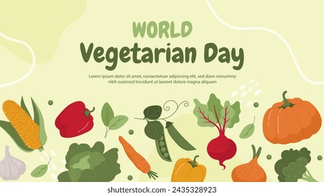 World Vegetarian Day poster. Healthy eating with vegetables and fruits with vitamins. Corn and apple, pumpkin and raddish. Landing webpage design. Cartoon flat vector illustration