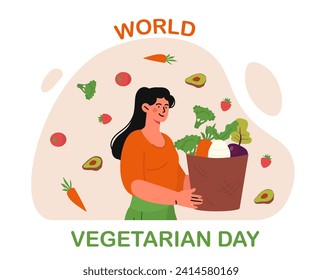 World vegetarian day poster. International holiday and festival. Woman with package with vegetables. Natural and organic fresh products. Cartoon flat vector illustration isolated on white background