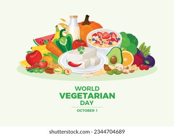 Afiche del Día Mundial de la Vegetariana con un montón de frutas y verduras ilustraciones vectoriales. Alimentos saludables, frutas, verduras, nueces y más vectores. Elemento de diseño de estilo de vida saludable. 1 de octubre cada año