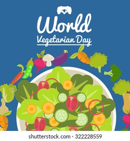 World vegetarian day vector, cartoon vegetables character and vegetarian, health slogan