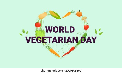 World vegetarian day. Vector illustration of world vegetarian day love shape frame with vegetables decoration like tomato, chili, cabbage, pumpkin, onion for 1st October. 