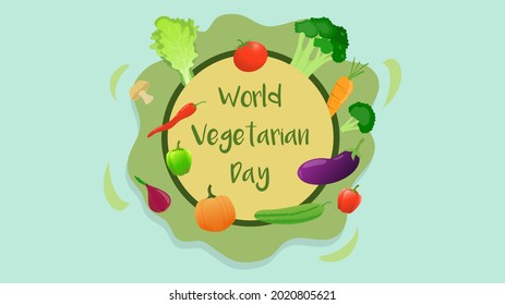 World vegetarian day. Vector illustration of world vegetarian day banner with vegetables decoration like tomato, chili, cabbage, pumpkin, onion for 1st October. 