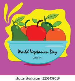 World vegetarian day vector illustration with oranges, apples and avocados. Commemorated on October 1, it is perfect for promoting joy, compassion, and the life-enhancing possibilities of vegetarianis