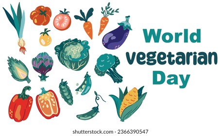 World Vegetarian Day. Vector illustration with different vegetables, cabbage, carrots, peppers, peas, corn, tomatoes, artichokes, onions