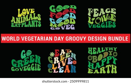 World vegetarian day, World Vegan Day groovy design for t-shirt, cards, frame artwork, bags, mugs, stickers, Organic food tag, icon.