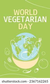 Día Mundial de la Vegetariana. Banner vertical. Ilustración vectorial con verduras y globo.