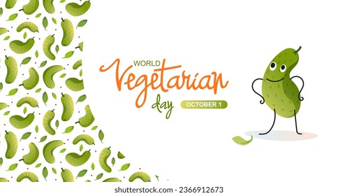 World vegetarian day web banner. lettering for vegan day. Funny vegetables, cucumber. Vector flat illustration. Background for news, advertising, congratulations.