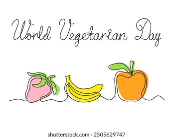 World Vegetarian Day.abstract  fruit set, banana, apple, strawberry. continuous one line art hand drawing sketch, logo