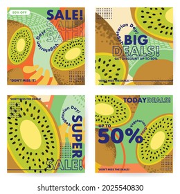 World vegetarian sale banner template with abstract full color background and kiwi fruit illustration