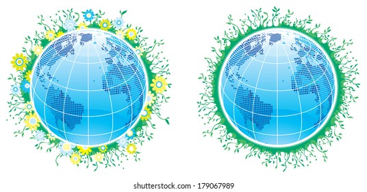 World of vegetation. Vector set of globes with plants and flowers 