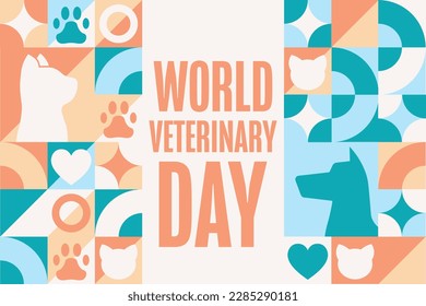 Día Mundial de la Veterinaria. Concepto de vacaciones. Plantilla para fondo, banner, tarjeta, afiche con inscripción de texto. Ilustración del vector EPS10