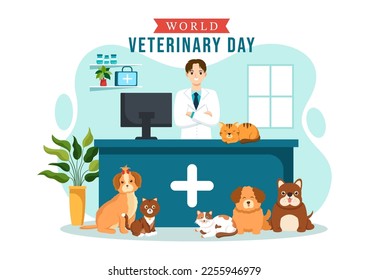 World Veterinary Day on April 29 Illustration with Doctor and Cute Animals Dogs or Cats in Flat Cartoon Hand Drawn for Landing Page Templates