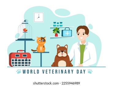 World Veterinary Day on April 29 Illustration with Doctor and Cute Animals Dogs or Cats in Flat Cartoon Hand Drawn for Landing Page Templates