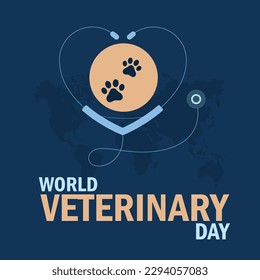 World veterinary day with pet footprints along with the world map and heart shape stethoscope | Veterinary day social media web post