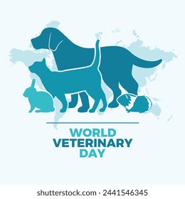 Ilustración vectorial de póster del Día Mundial de la Veterinaria. Perro, gato, conejo, conejillo de indias icono de silueta vector. Plantilla para fondo, banner, tarjeta. El último sábado de abril de cada año. Día importante