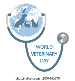 World Veterinary Day. Silhouettes of pets on the background of the globe.