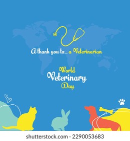 World Veterinary Day, Silhouettes of pets, Creative Social Media Design templates, Post card, Dogs, Cats, Rabbit, Veterinarian, Pet Care Services 