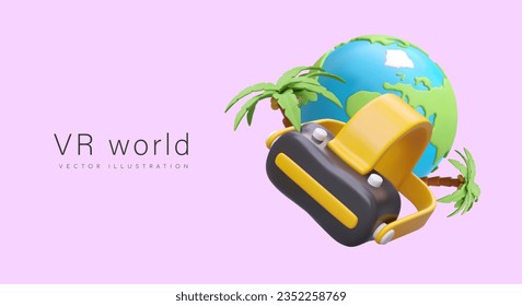 World of virtual reality. Travels to different countries. Visualization of Earth. Entertainment and educational simulator. Digital universe. Vector template in cartoon style, place for text