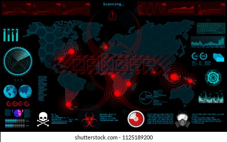 World Virus (GUI) In HUD Style. The Spreading Virus On The World Map, The Threat Of Infection Of The World. Otic Infected Areas, Quarantine Zones, Epidemic, Ebola, Apocalipsis. Vector Illustration