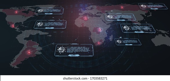 World Virus (GUI) en estilo HUD. El virus que se propaga en el mapa del mundo. Covid-19, Covid 19 map confirmó casos reportados a nivel mundial. Actualización de la situación de la enfermedad de Coronavirus en todo el mundo. Vector