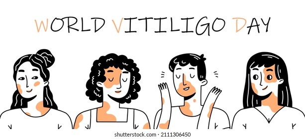 World vitiligo day banner or poster with happy people. Characters with vitiligo. Vector isolated illustration.
