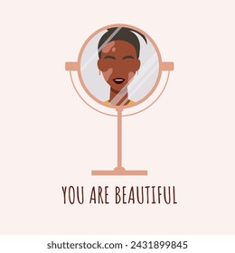 World vitiligo day concept. Young woman with vitiligo skin depigmentation looking in a mirror. Body positive and inclusivity illustration. Skincare and bodycare collection
