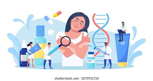 World vitiligo day. Doctor examines patient with skin problems. Happy girl hugs herself with vitiligo. Treatment of autoimmune diseases with tablets, ointments. Vector illustration