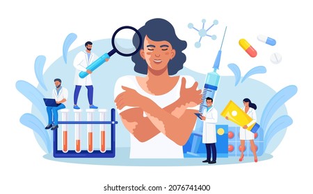 World vitiligo day. Doctor examines patient with skin problems. Happy girl hugs herself with vitiligo. Treatment of autoimmune diseases with tablets, ointments, blood test. Vector illustration