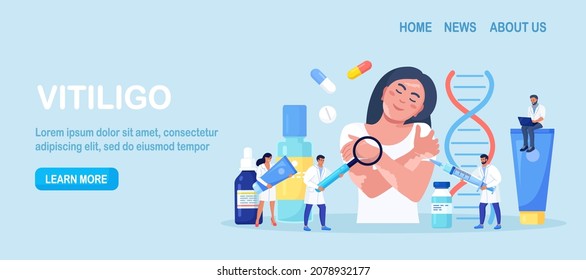 World vitiligo day. Doctor examines patient with skin problems. Happy girl hugs herself with vitiligo. Treatment of autoimmune diseases with tablets, ointments. Vector illustration