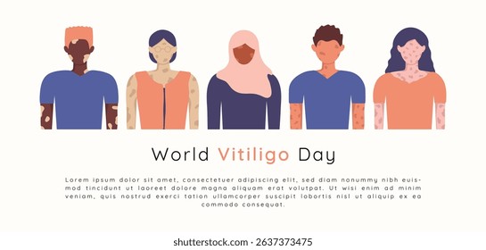 World Vitiligo day June 25 banner template. Female and male faceless profile with different ethnics, skin colors, hairstyles with skin disease. Body positive concept. Flat vector isolated illustration