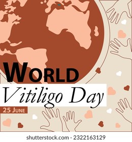 diseño de banner vectorial del Día Mundial del Vitiligo con ilustración del planeta tierra, patrón de línea de mano, formas cardíacas y tipografía. Feliz Día Mundial del Vitiligo Moderno fondo de póster gráfico mínimo.