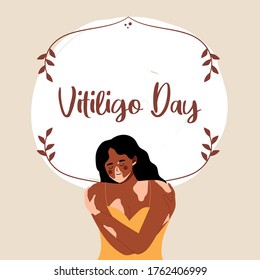 World vitiligo day vector illustration. Template for background, banner, card, poster, social media post with text space. Happy woman hugging herself with skin problems vitiligo