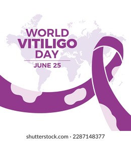 World Vitiligo Day vector illustration. Purple awareness ribbon and world map silhouette icon vector isolated on a white background. June 25. Important day