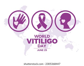 Ilustración vectorial del Día Mundial del Vitiligo. Cinta de reconocimiento púrpura, de mano, vector de icono de silueta de cabeza. 25 de junio cada año. Día importante