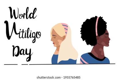 Día mundial del vitiligo. Mujeres jóvenes de diferentes etnias con enfermedad de la piel. Problema de pigmentación. Pérdida irregular del color de la derma. Enfermedad autoinmune. Ilustración médica del vector con letras.Positivo del cuerpo