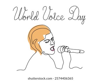 World voice day. abstract Girl Singing with Microphone with Closed Eyes , logo,continuous one single line art hand drawing sketch